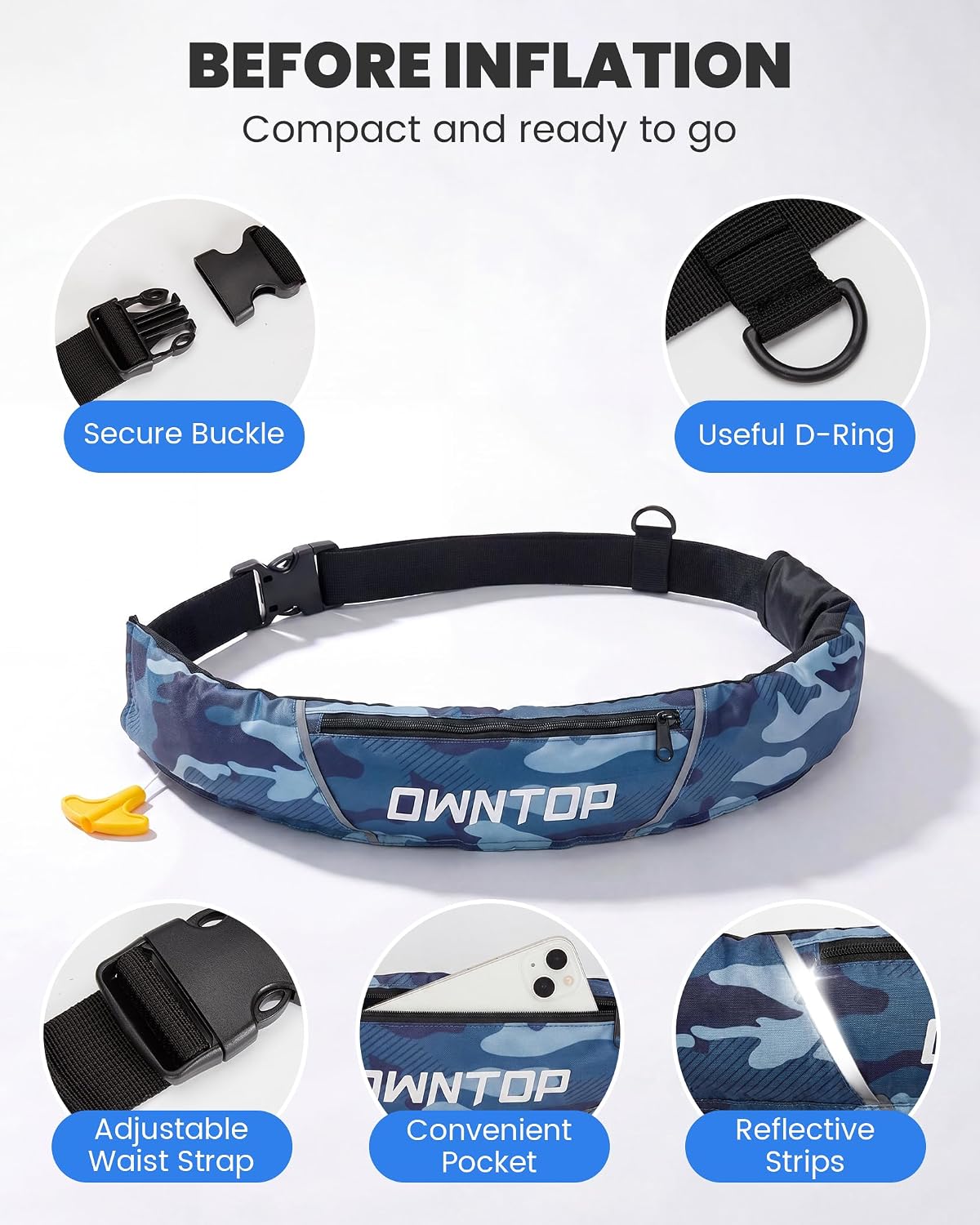 Owntop Manual Inflatable Belt Pack, Adults Swim Jacket with Blowpipe & Whistle, 24g CO2 Cylinder Included, Low Profile for Kayaking, Fishing, Paddle Sports