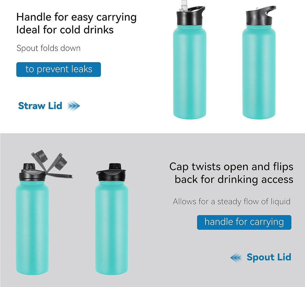 VEGOND 40 oz Insulated Water Bottle Bulk Stainless Steel Metal Water Bottles with Leak Proof Straw Lid & Spout Lid, Wide Mouth Double Walled Vacuum Travel Sports Bottle, 4 Pack