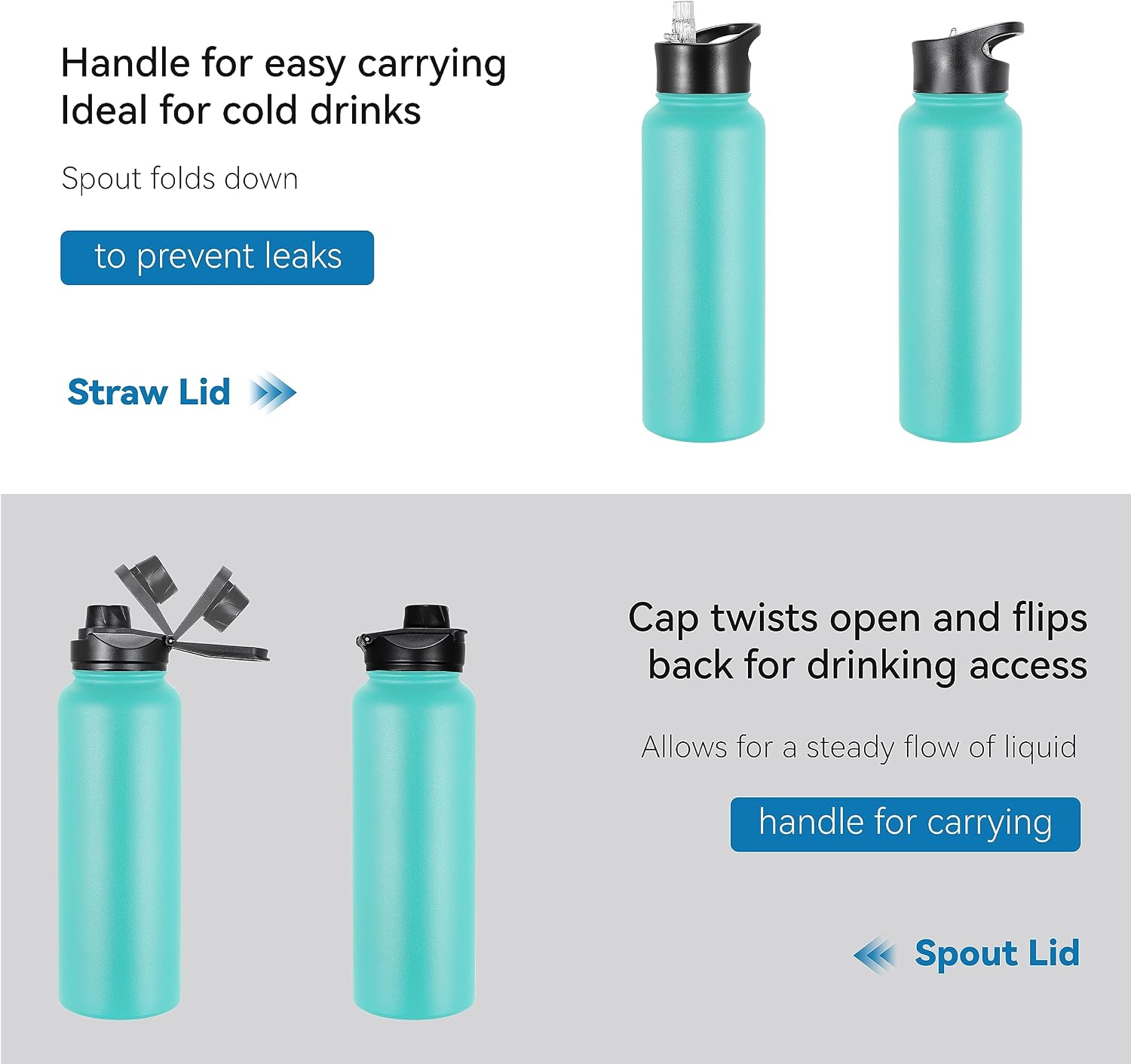 VEGOND 40 oz Insulated Water Bottle Bulk Stainless Steel Metal Water Bottles with Leak Proof Straw Lid & Spout Lid, Wide Mouth Double Walled Vacuum Travel Sports Bottle, 4 Pack