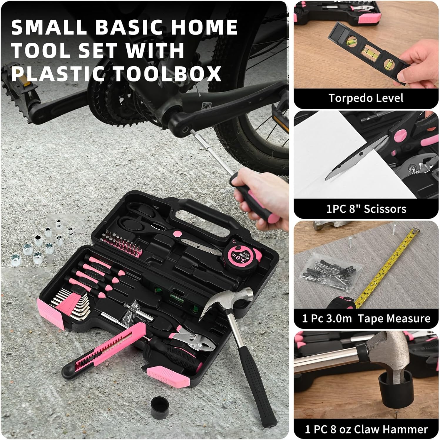 144-Piece Household Tool Set, Pink Tool Kit with Plastic Toolbox