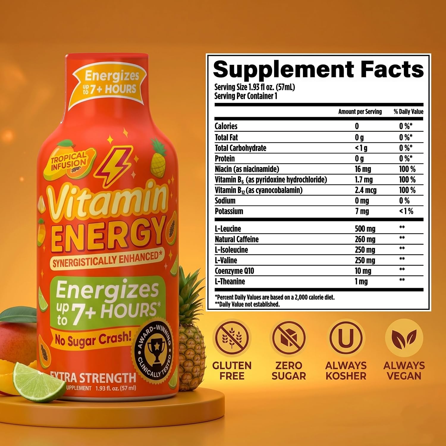 Vitamin Energy Tropical Infusion Extra Strength Energy Shot, 24 Pack - Up to 7 Hrs, 260mg Natural Caffeine, Zero Sugar - BCAAs + CoQ10, Focus Support, B12 B6 Niacin, 1.93 fl oz, Keto Vegan