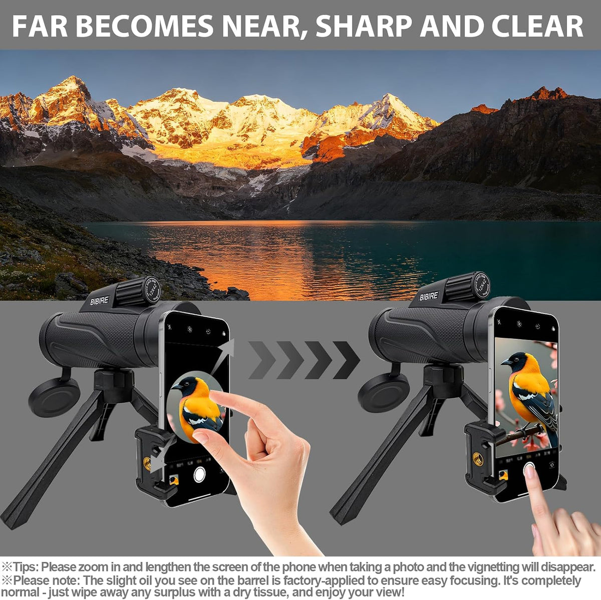 BIBIRE 12X42 Monocular Telescope for Adults High Powered Bird Watching