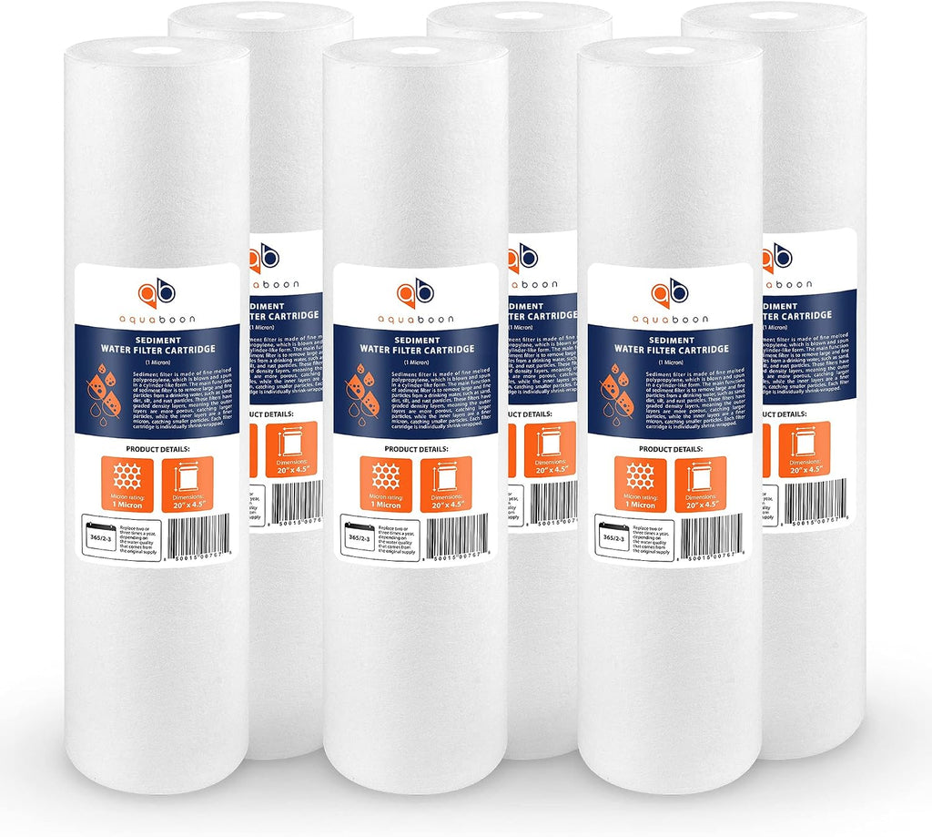 Aquaboon 1 Micron 20 x 4.5 Sediment Water Filter Replacement Cartridge | Whole House Sediment Filtration | Compatible with AP810-2, AP810-6, SDC-45-2005, FPMB5-20, P5-20, FP25B, 155358-43, 10 Pack