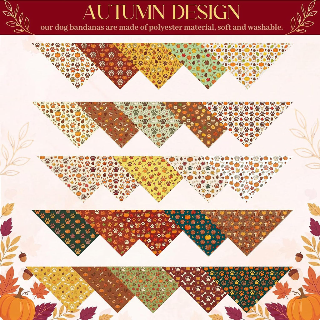 Preboun 50 Pcs Fall Paw Print Dog Bandanas Bulk Autumn Bandanas for Dogs Triangle Kerchief Bibs Scarf Set for Pet Fall Harvest Party Costume Photo Props Accessories, 25 Styles (25.6 x 17.7 x 17.7)