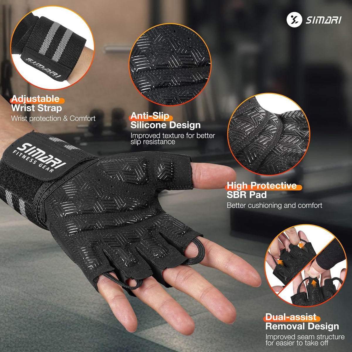 SIMARI Workout Gym Gloves for Men Women, Weight Lifting Gloves with Wrist Wrap Support, SBR Pad Grip for Full Palm Protection, for Exercise, Fitness, Dumbbells, Barbell, Climbing, Fingerless