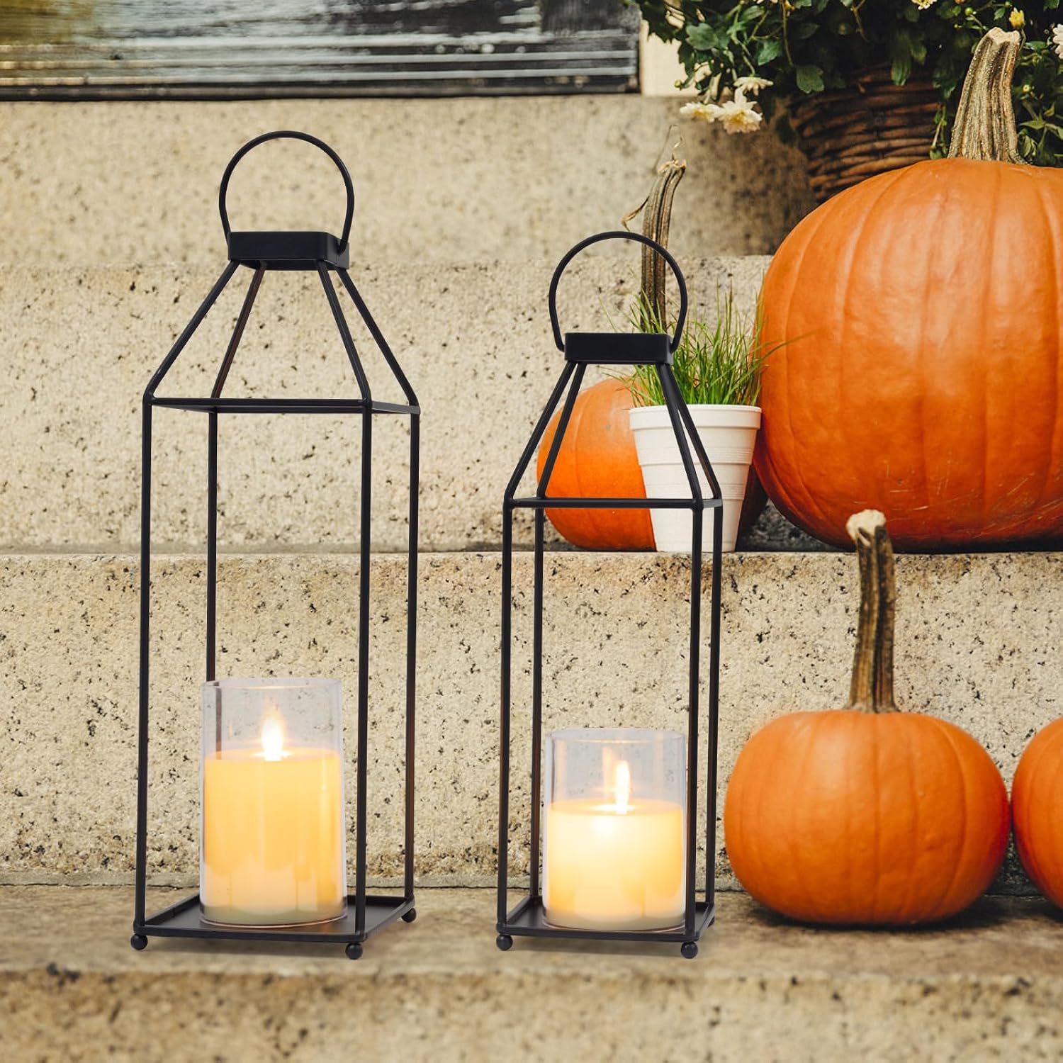 Lanterns Decorative Outdoor 2PCS Front Porch Decor Lantern with LED Candles