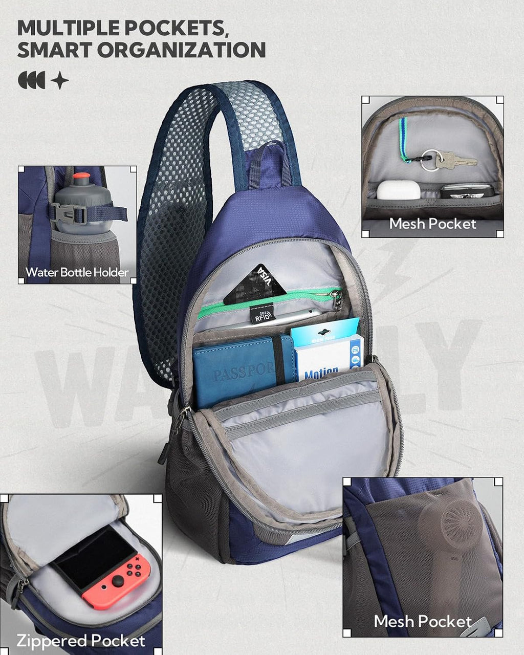 WATERFLY Packable Sling Bag RFID Travel Crossbody Backpack for Women Men