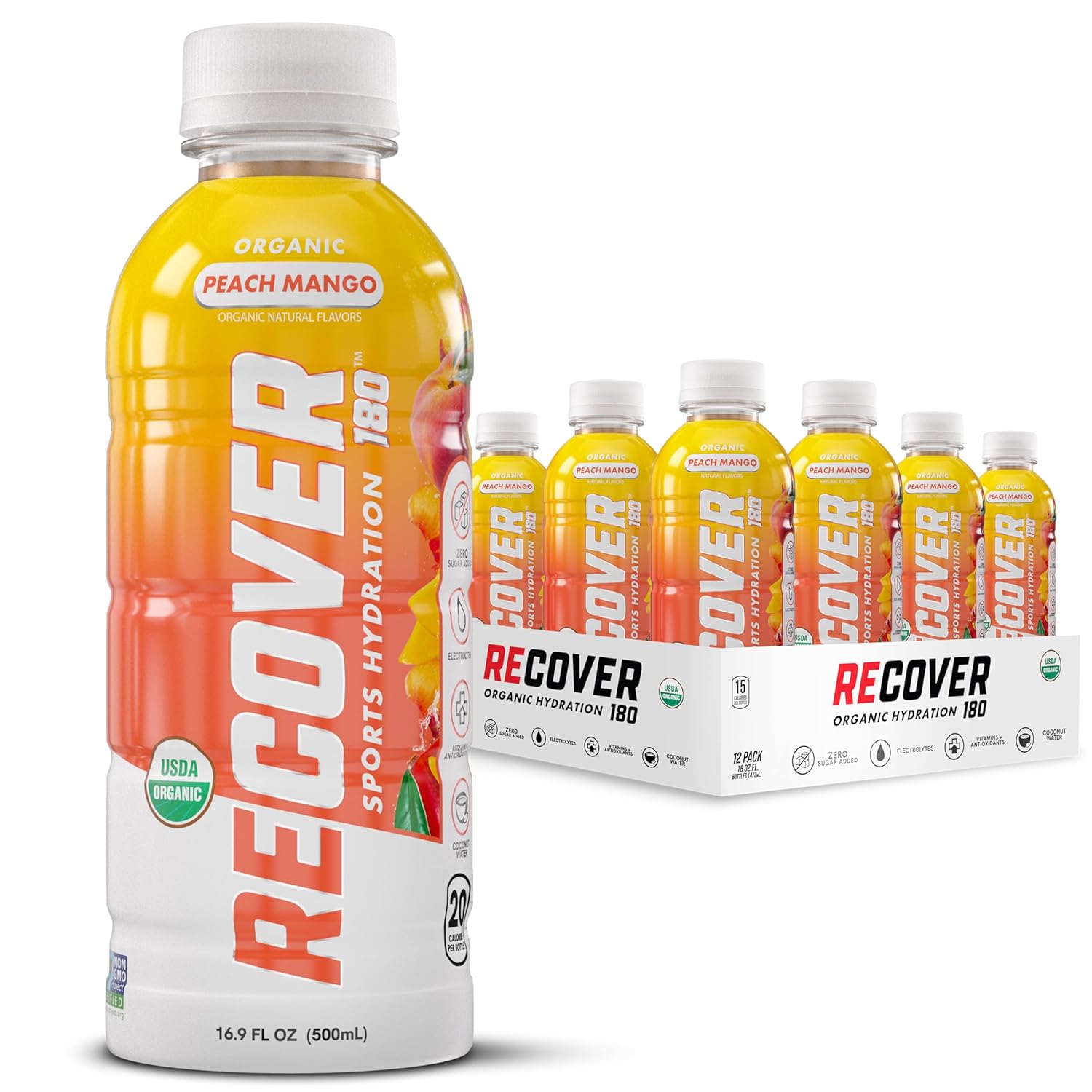 RECOVER 180 Organic Sports Hydration Drink, No Sugar Added, 20 Calorie Sports Beverage, Organic Flavors With Vitamins, Potassium-Packed Electrolytes (16.9 Fl Oz (Pack of 12), Rocket Pop)