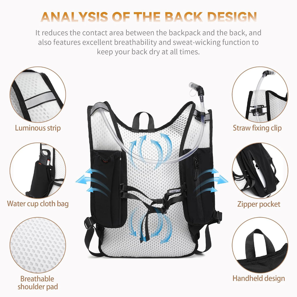 Wotony Lightweight Hydration Backpack with 2LOR 3LWater Bladder for Cycling Hiking Rave - Water Daypack for Men Women