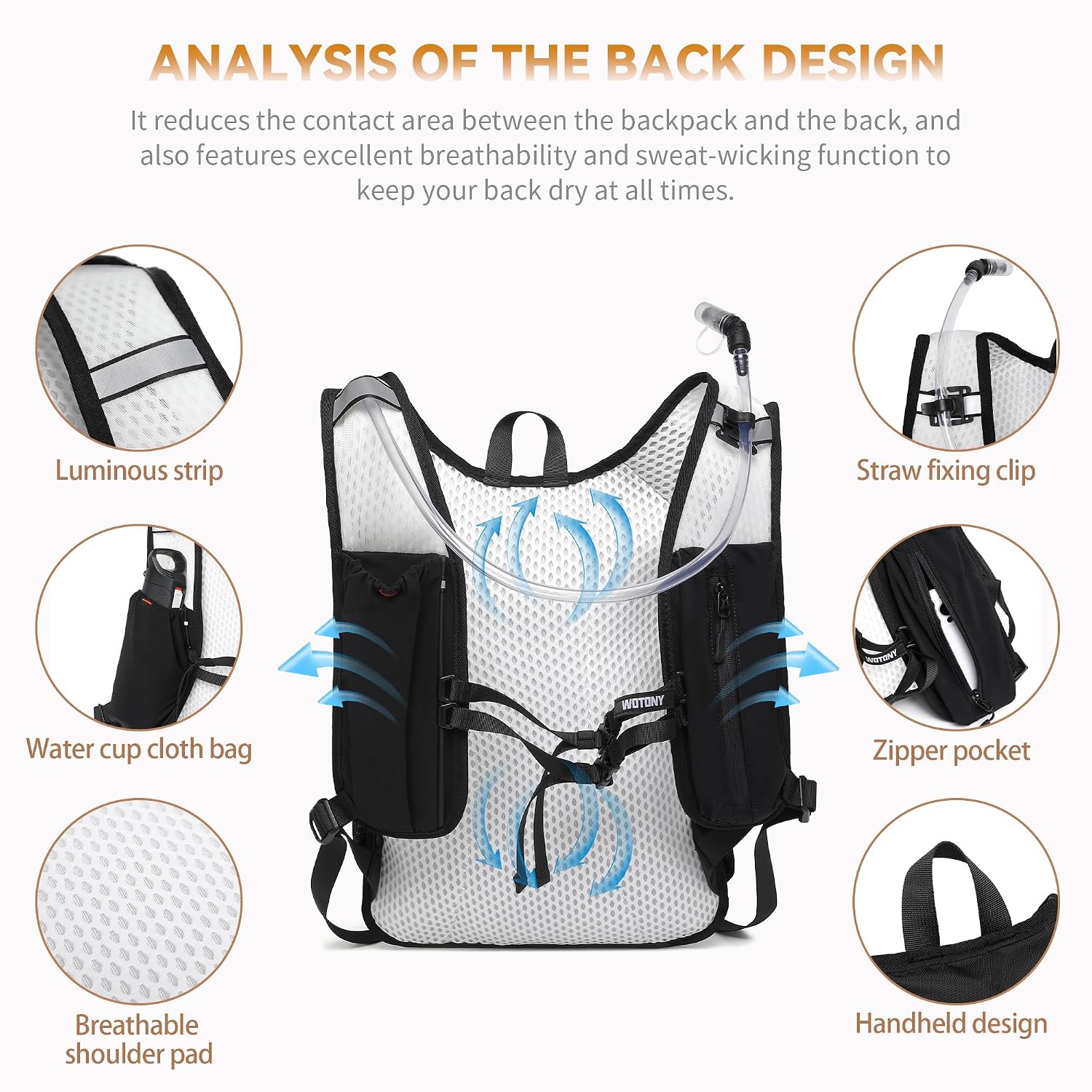 Wotony Lightweight Hydration Backpack with 2LOR 3LWater Bladder for Cycling Hiking Rave - Water Daypack for Men Women