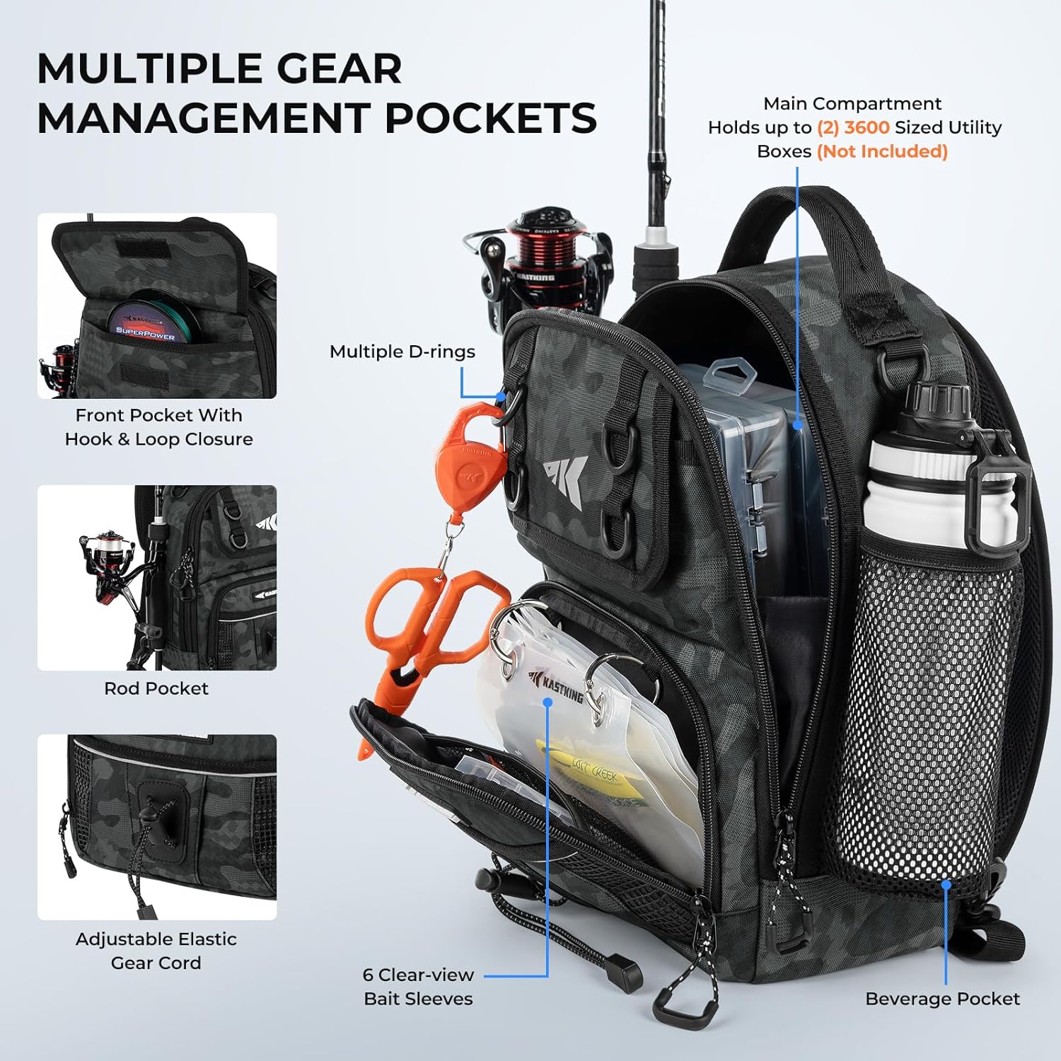 KastKing BaitSpace Fishing Sling Bag, Fishing Backpack with Rod Holder