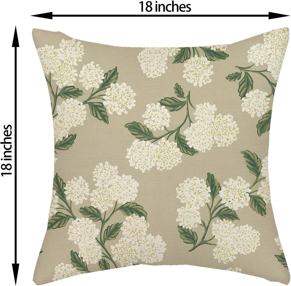 Beige Spring Pillow Covers 18x18 Inch 2 Pcs Khaki Green Hydrangea Flower Decor Throw Pillows Vintage Floral Seasonal Summer Outdoor Decoration Pillowcase Linen Cushion Cover for Couch Sofa