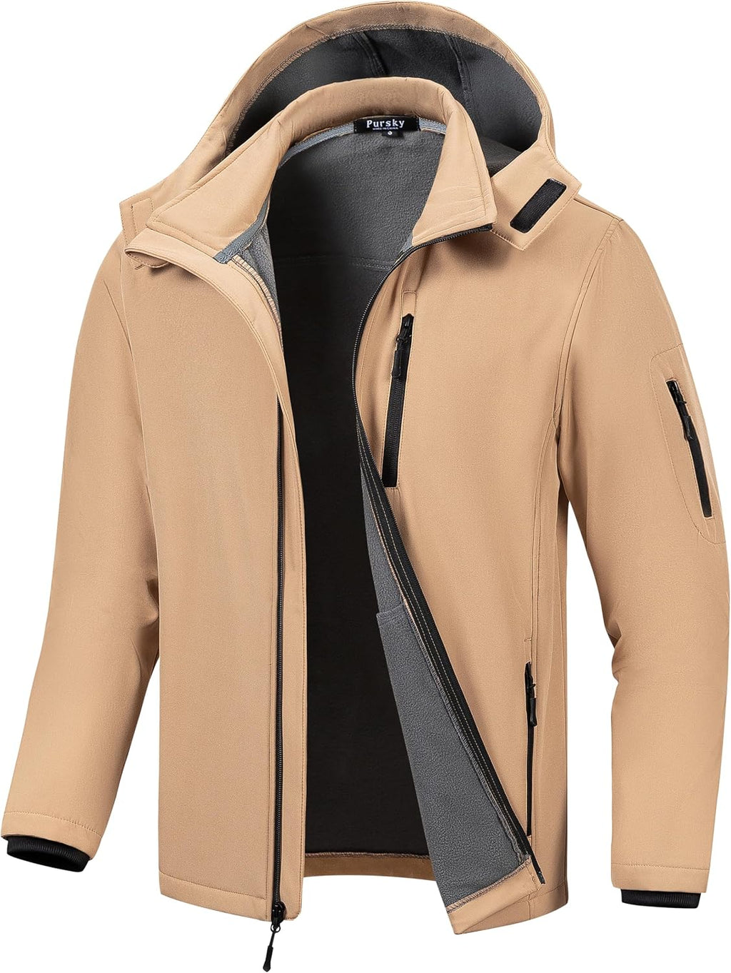Pursky Men's Softshell Jacket Waterproof Fleece Lined Windbreaker With Removable Hood Lightweight Tactical Jacket