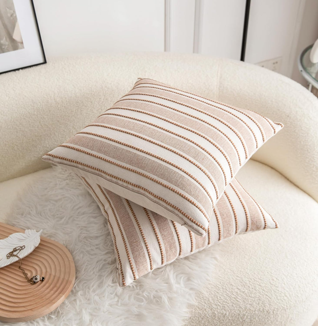 Cethom Decorative Boho Throw Pillow Covers, Farmhouse Textured Pillow Case, 18 x 18 Inch Set of 2, Chair Sofa Bedroom Living Room Home Decor Couch Cushion Case, Brown and Beige Striped
