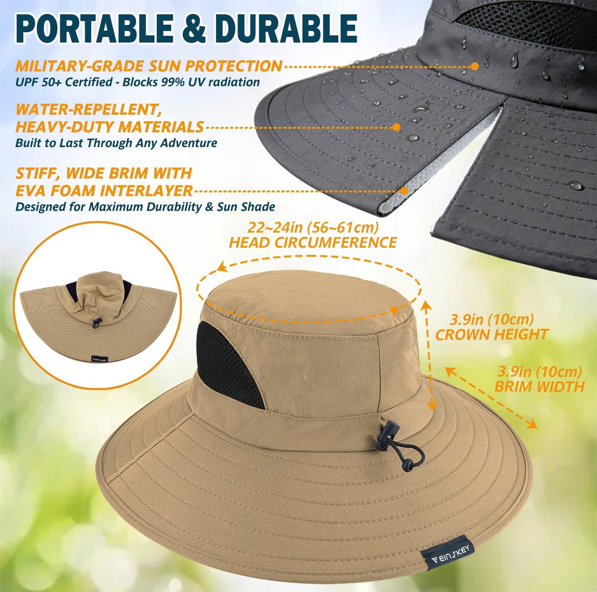 Wide Brim Sun Bucket Hat, Waterproof Boonie Hat for Men & Women