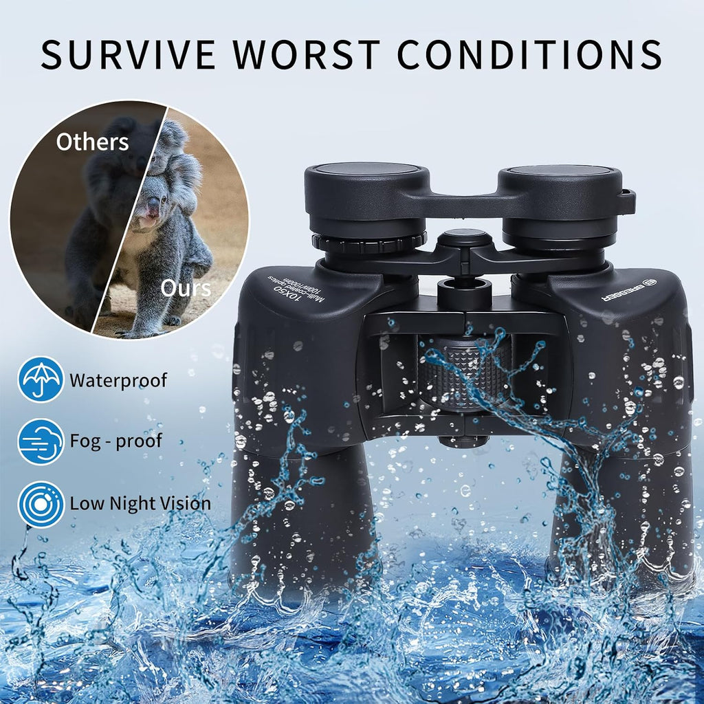 BRESSER 20x50 Binoculars for Adults High Powered with HD Optical System, Non-Slip Grip, Waterproof, Shockproof, Low Light Vision for Bird Watching Hunting Football Games Travel Stargazing Cruise