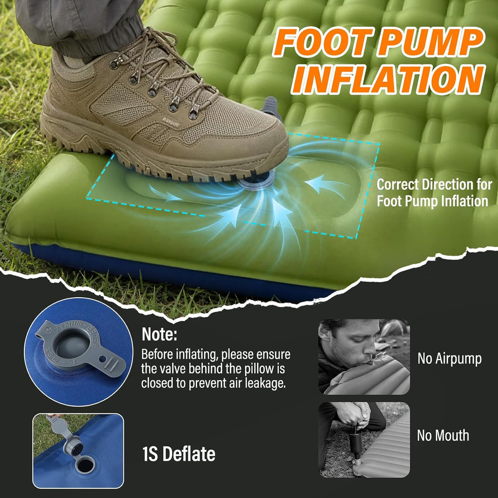 Camping Sleeping Pad, 6 inch Thick Ultralight Camping Mat with Pillow, Built-in Foot Pump Inflatable Sleeping Pads Compact for Camping Backpacking Hiking Traveling Tent,Single,Green