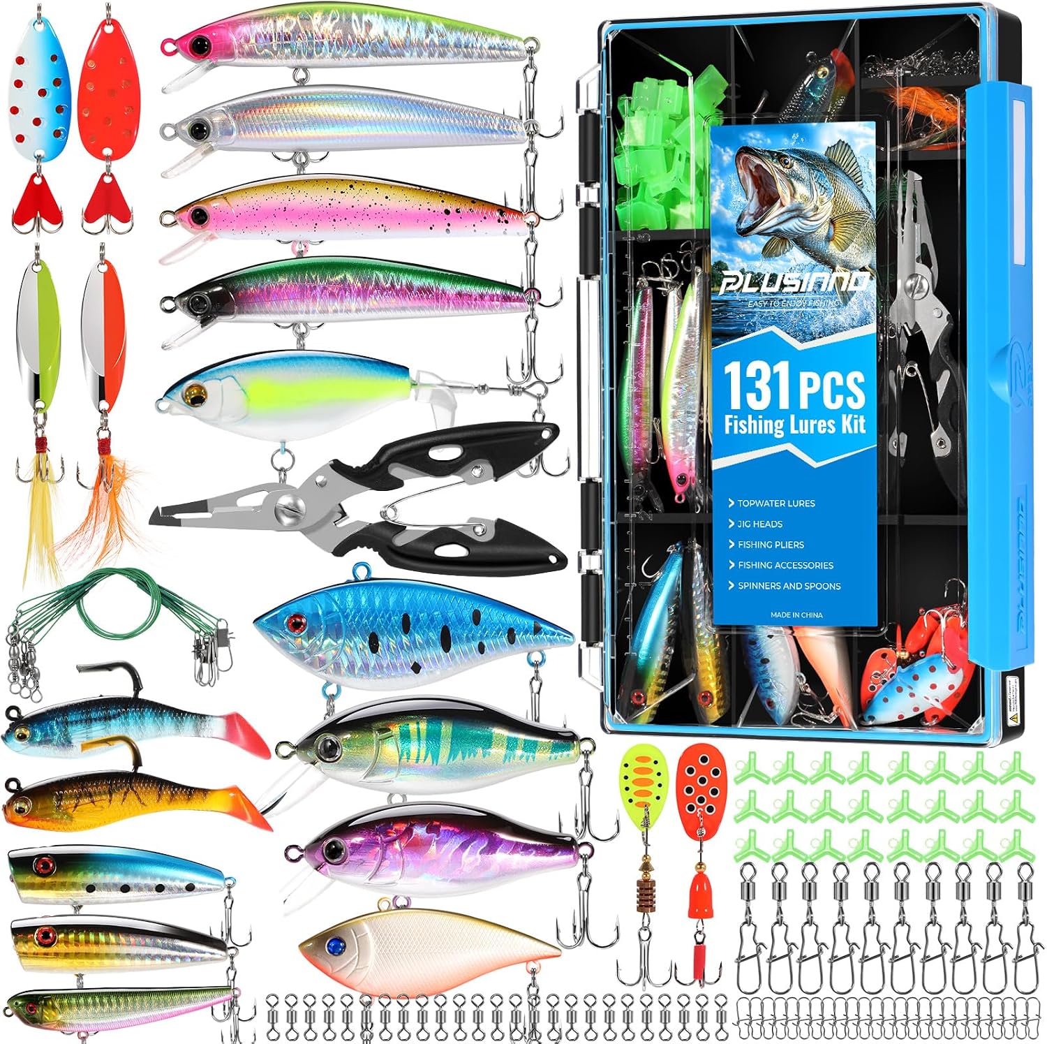 PLUSINNO Fishing Lures Fishing Tackle Box Fishing Gifts for Men, Bass, Trout Fishing Accessories Kit for Saltwater & Freshwater Fishing Gear Including Topwater Lures, Hooks, Spinnerbaits