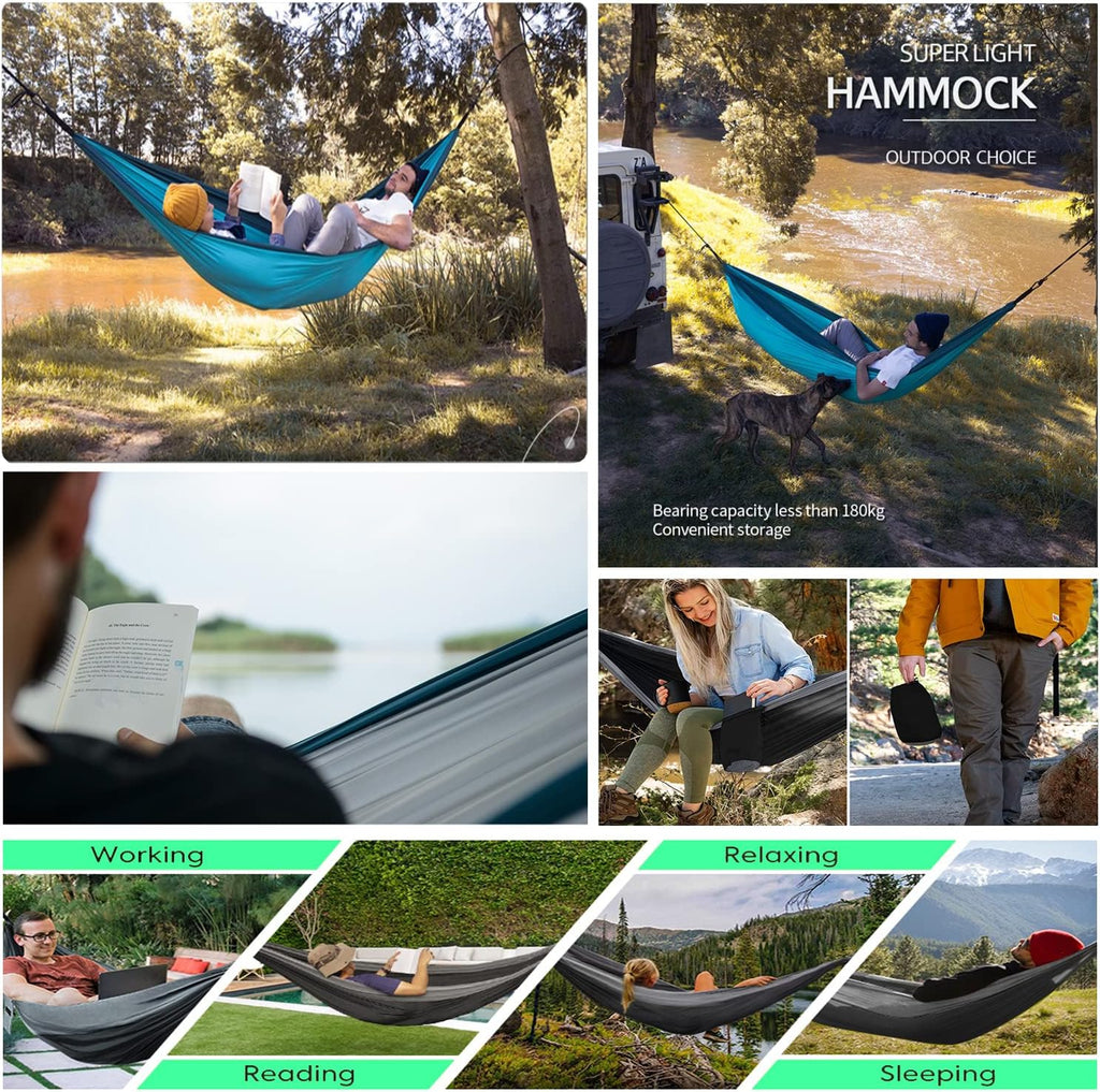 ERUW Hammock Camping, Portable Single/Double Hammocks for Outdoor Hiking Travel Backpacking - 210D Nylon Hammock Swing for Backyard & Garden (Blue/Sky Blue)
