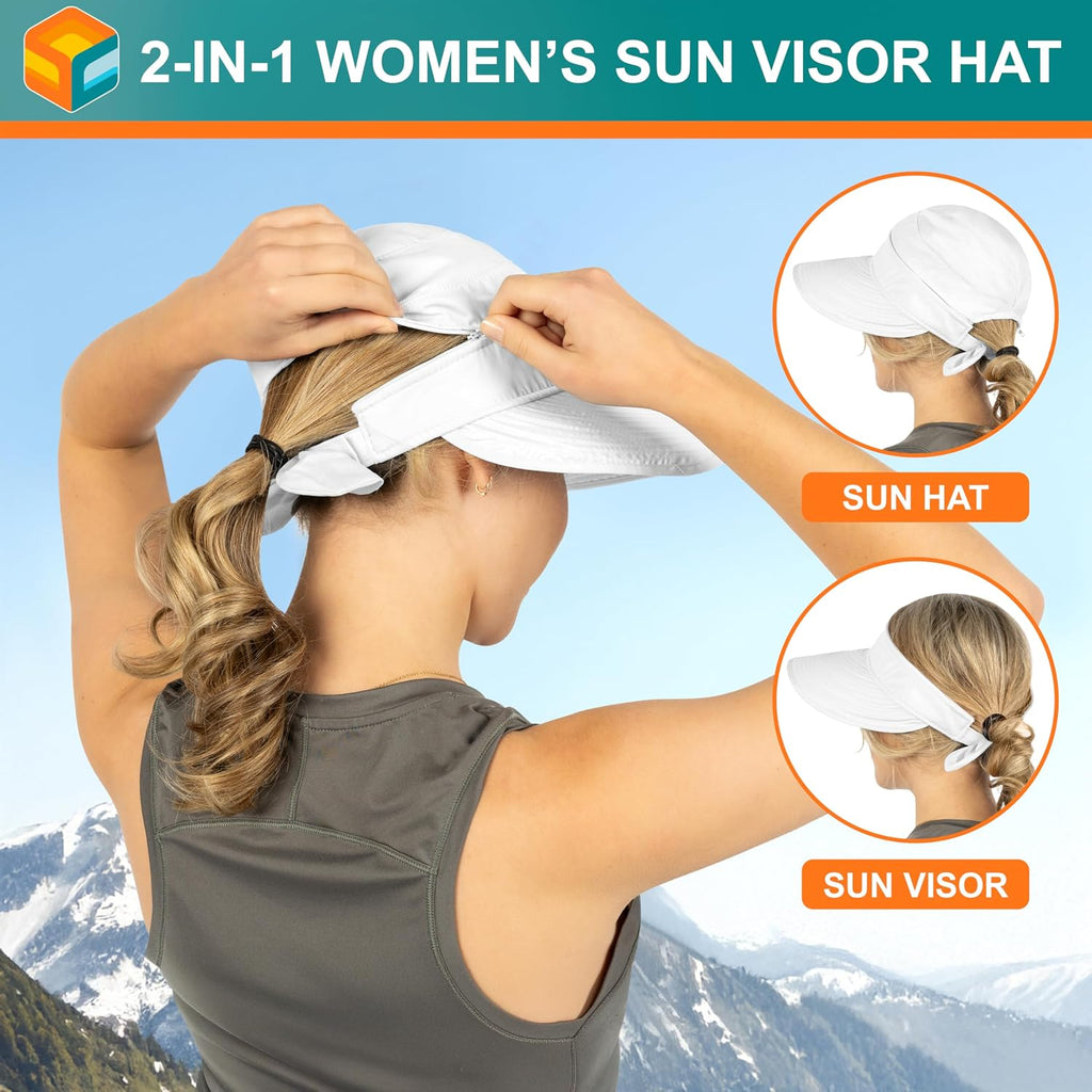 SUN CUBE Womens Sun Hat UV Protection Wide Brim Zip-Off Golf Visor