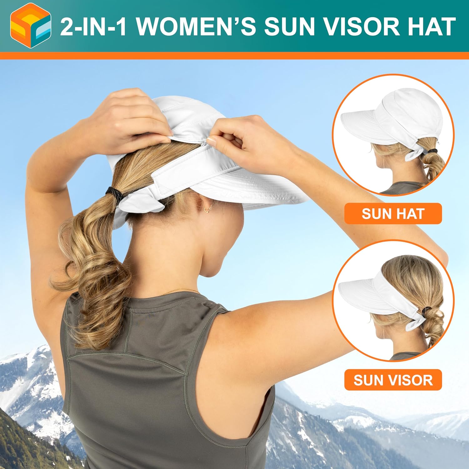 SUN CUBE Womens Sun Hat UV Protection Wide Brim Zip-Off Golf Visor