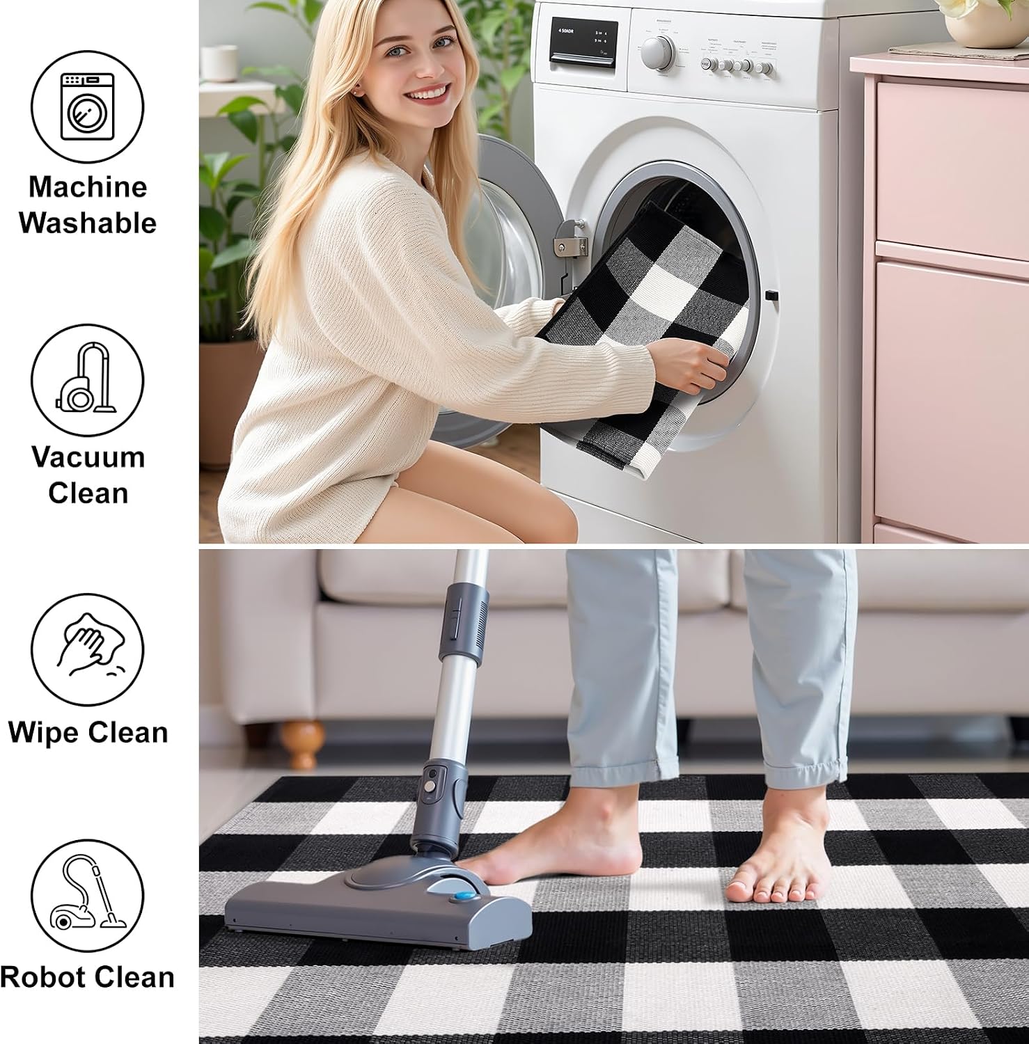 OLANLY Buffalo Plaid Rug 2'4" x 3'7" (27.5" x 43") – Black and White Cotton Checkered Doormat, Washable Indoor Outdoor Rug for Layered Front Porch, Kitchen, Entryway Decor
