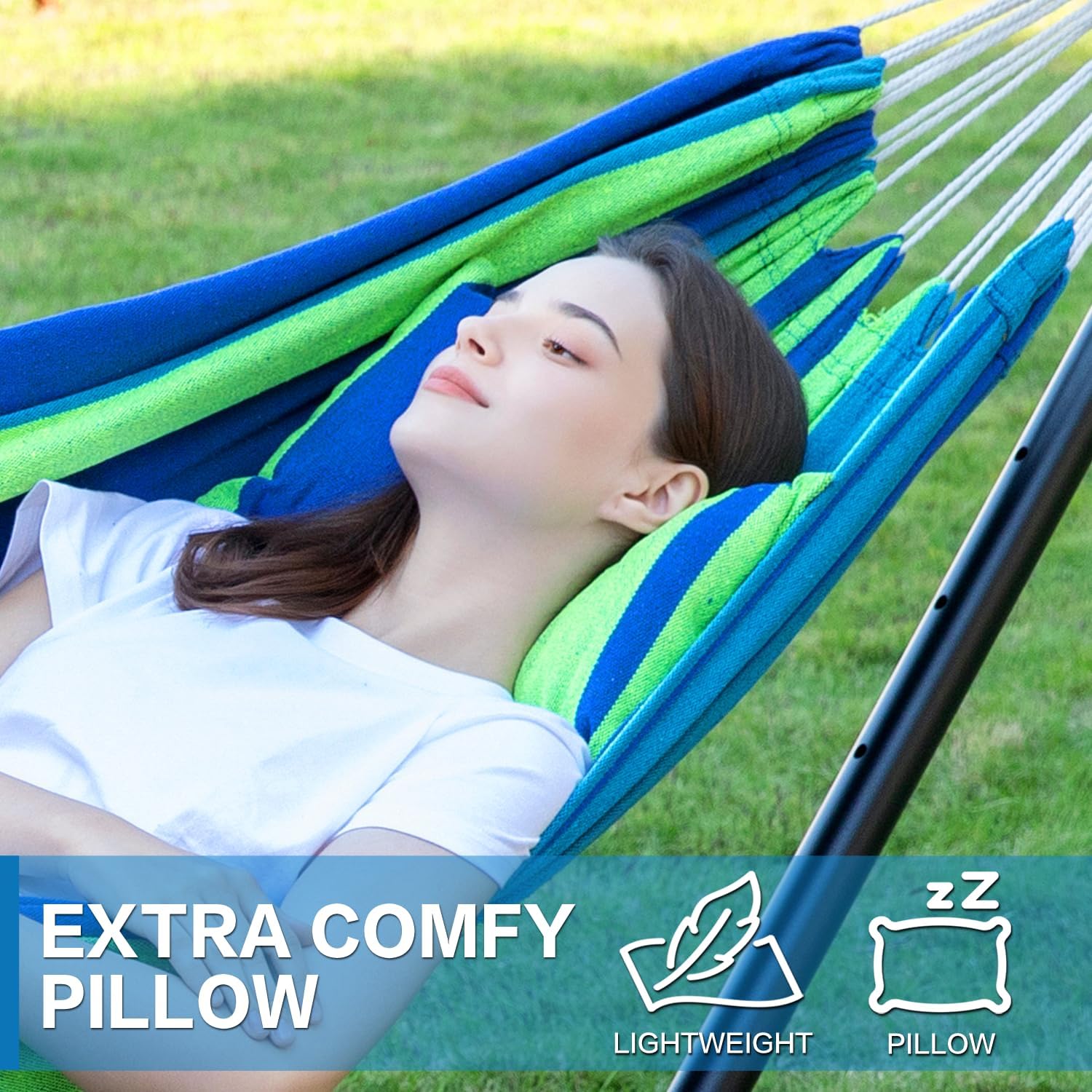 PNAEUT Double Hammock with Stand for Outside, Heavy-Duty, Portable (Blue)