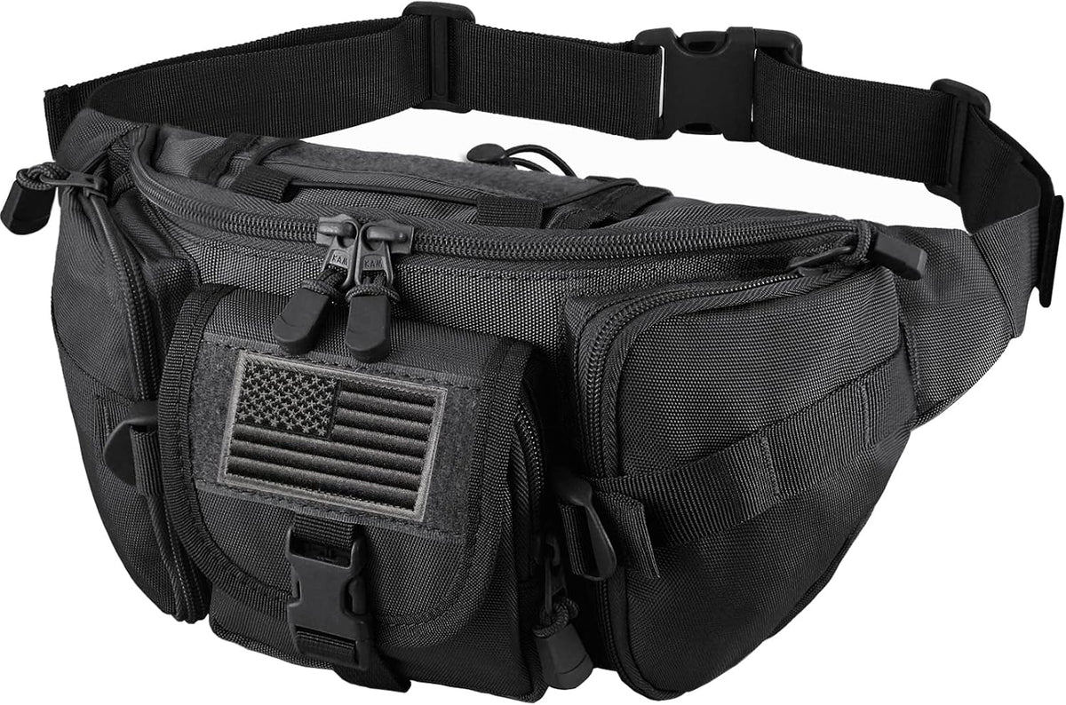 FRTKK Tactical Fanny Pack Military Waist Bag Pack with USA Flag Patch Utility Hip Pack with Adjustable Strap for Outdoors Fishing Cycling Camping Hiking Dog Walking (Army green 2)