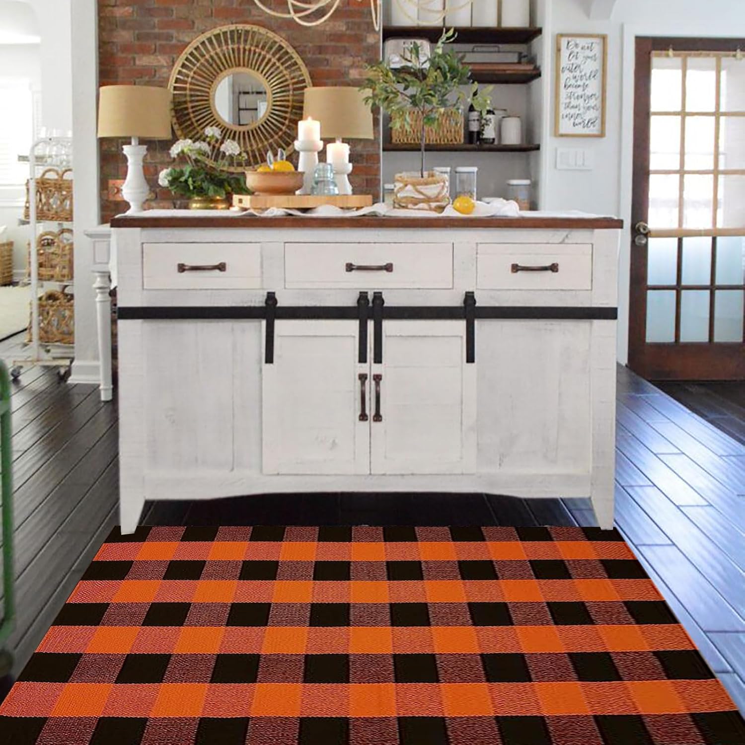 Fall Outdoor Rug Orange Buffalo Plaid Outdoor Rug Cotton Hand-Woven Buffalo Check Rug Layered Doormats for Front Door/Front Porch/Farmhouse/Entryway/Patio (Orange and Black Plaid, 3' x 5')