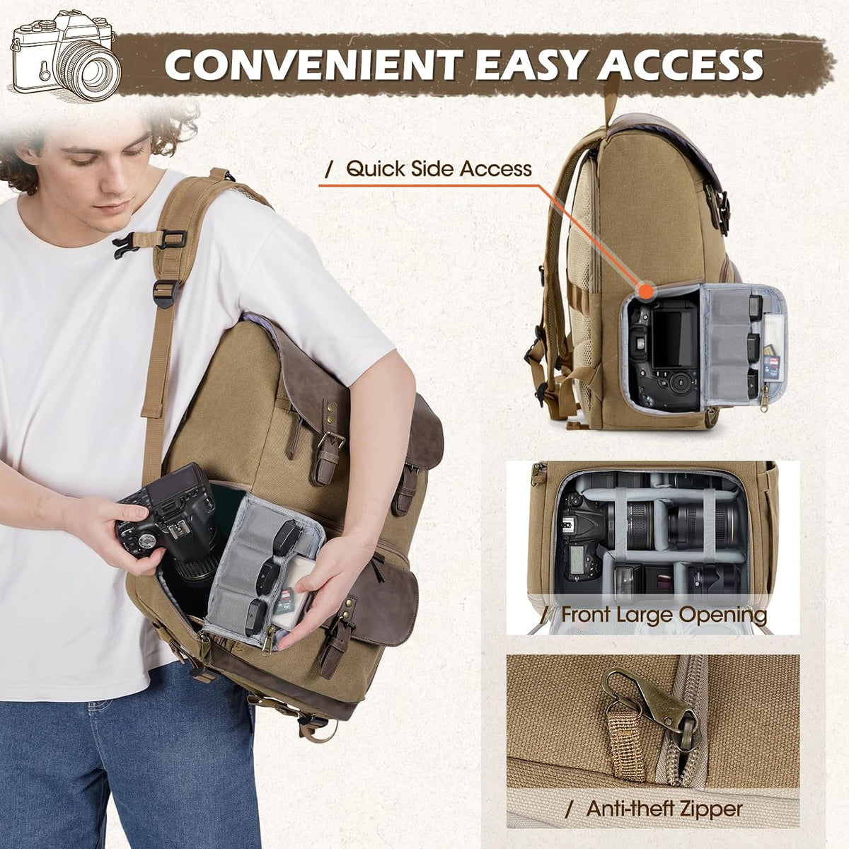 RAINSMORE Vintage Camera Bag with Side Access for DSLR/SLR Mirrorless
