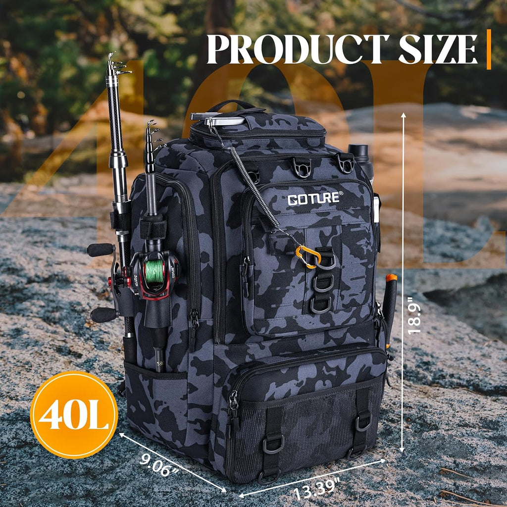 Goture 40L Camouflage Fishing Tackle Backpack w/Cooler & Tackle Boxes