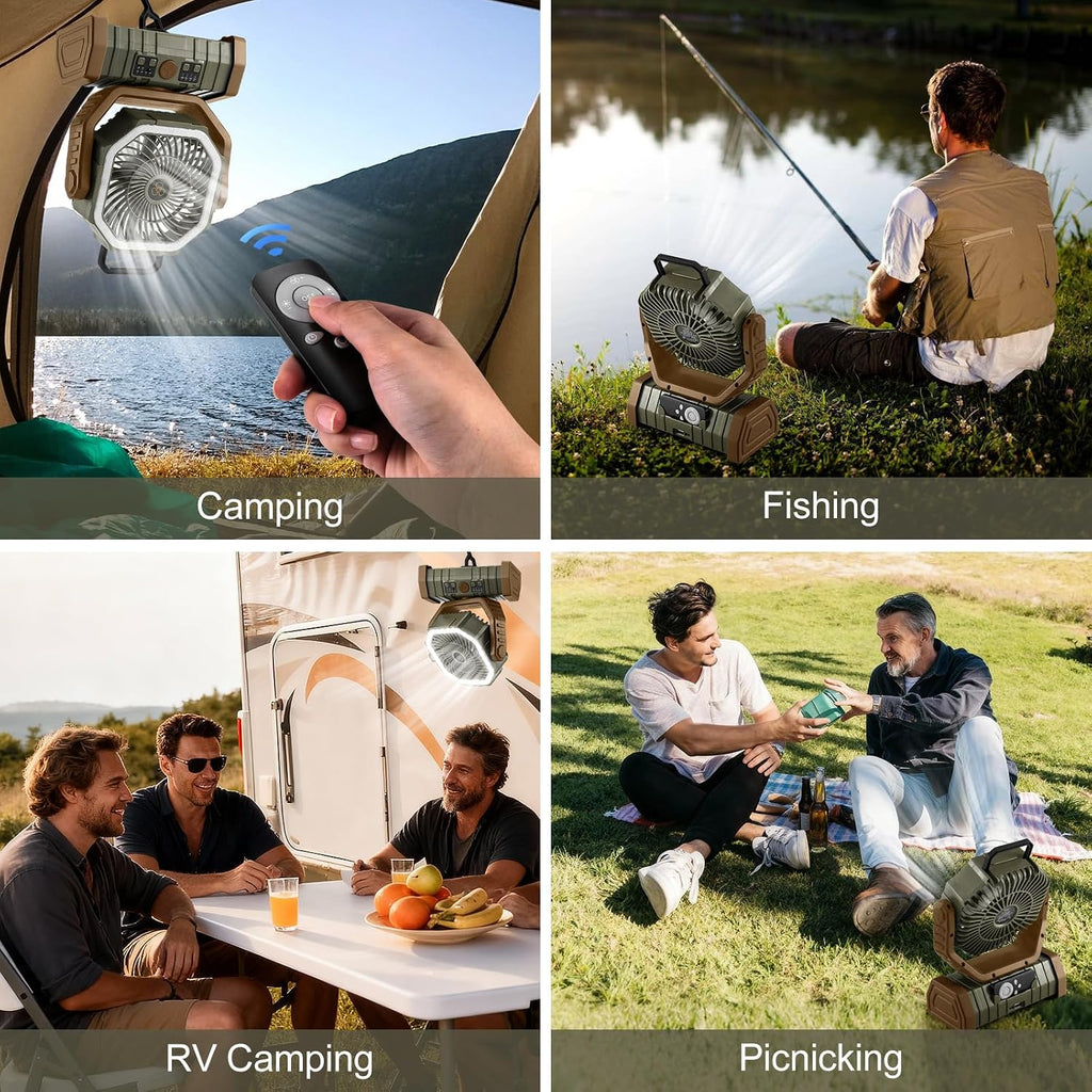 Odoland 30000mAh Camping Fan with LED Lantern, Rechargeable Battery Fan | Operated Oscillating Fan with Remote & Hook, Portable Tent Fan with Timer, 4 Speeds for Outdoor Camp RV Power Outage, Brown
