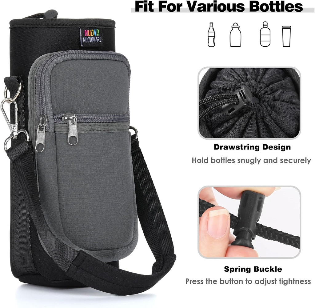 Nuovoware Water Bottle Carrier Bag, 25oz/32oz Bottle Holder with Adjustable Shoulder Strap, 2 Pocket Sling Bag - Neoprene Sleeve for Hiking, Travelling - Black/Gray