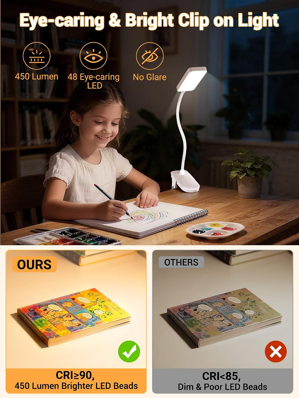 Clip on Lamp, 9 Brightness+5 Colors Reading Lights for Books in Bed Lamp