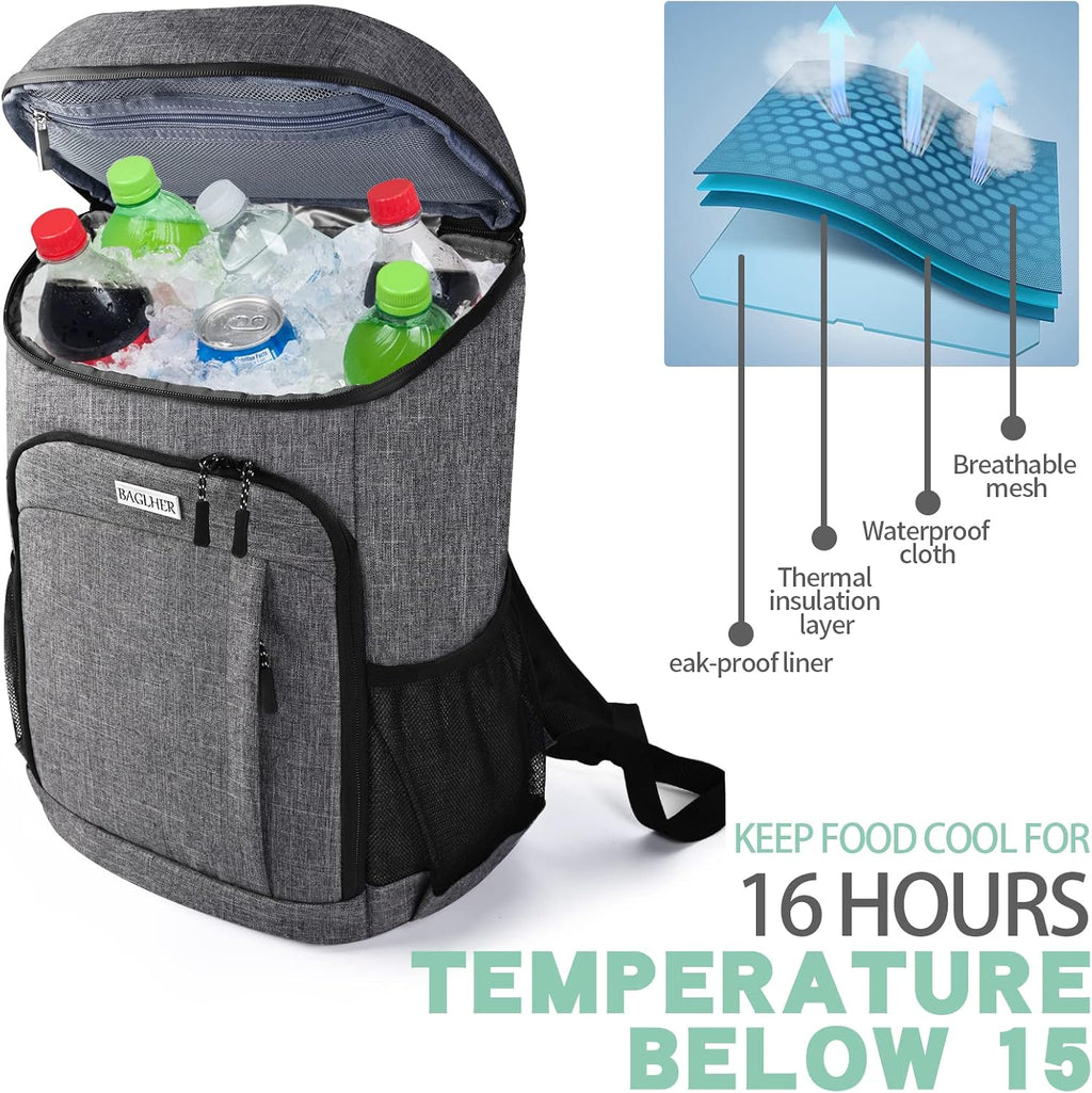BAGLHER Lightweight Insulated Cooler Backpack - 30 Cans, Leak-Proof for Lunch, Picnic, Hiking, Camping Trips