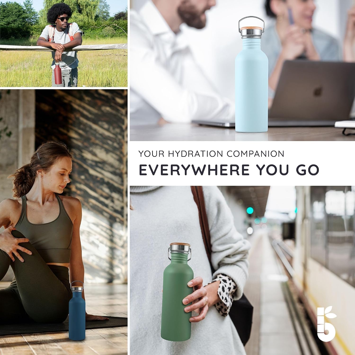 Bambaw Stainless Steel Water Bottle - Non-Insulated, Reusable Metal Sports Bottle, Sage Green/Grey