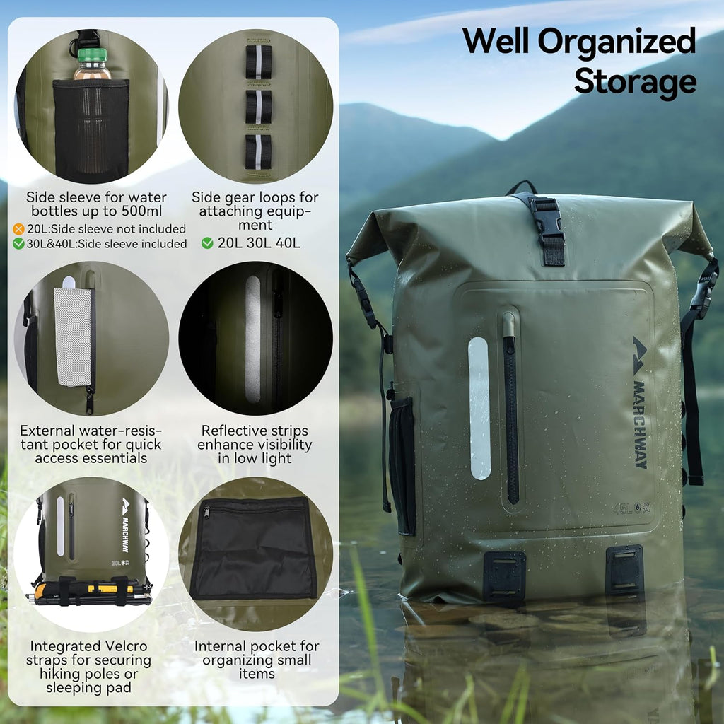 MARCHWAY Roll Top Waterproof Backpack, Floating Dry Bag 20L/30L/45L with Ergonomic Rectangular Base, Cushioned Back, Hip Strap for Hiking Camping Kayaking Travel (Army Green, 20L)