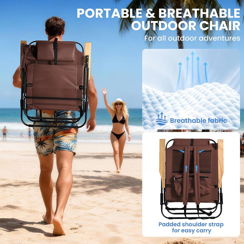 2 Pack Premium 5-Position Reclining Camping Chair - Portable Folding Lightweight Outdoor Chair with Wooden Armrests, Headrest & Pockets, 350lbs Heavy Duty for Beach, Patio, Backyard, Coffee