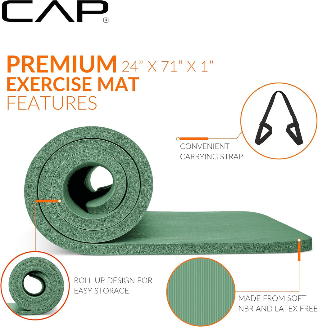 CAP 1" Extra Thick Yoga Mat, Exercise Mat with Strap, Multiple Colors