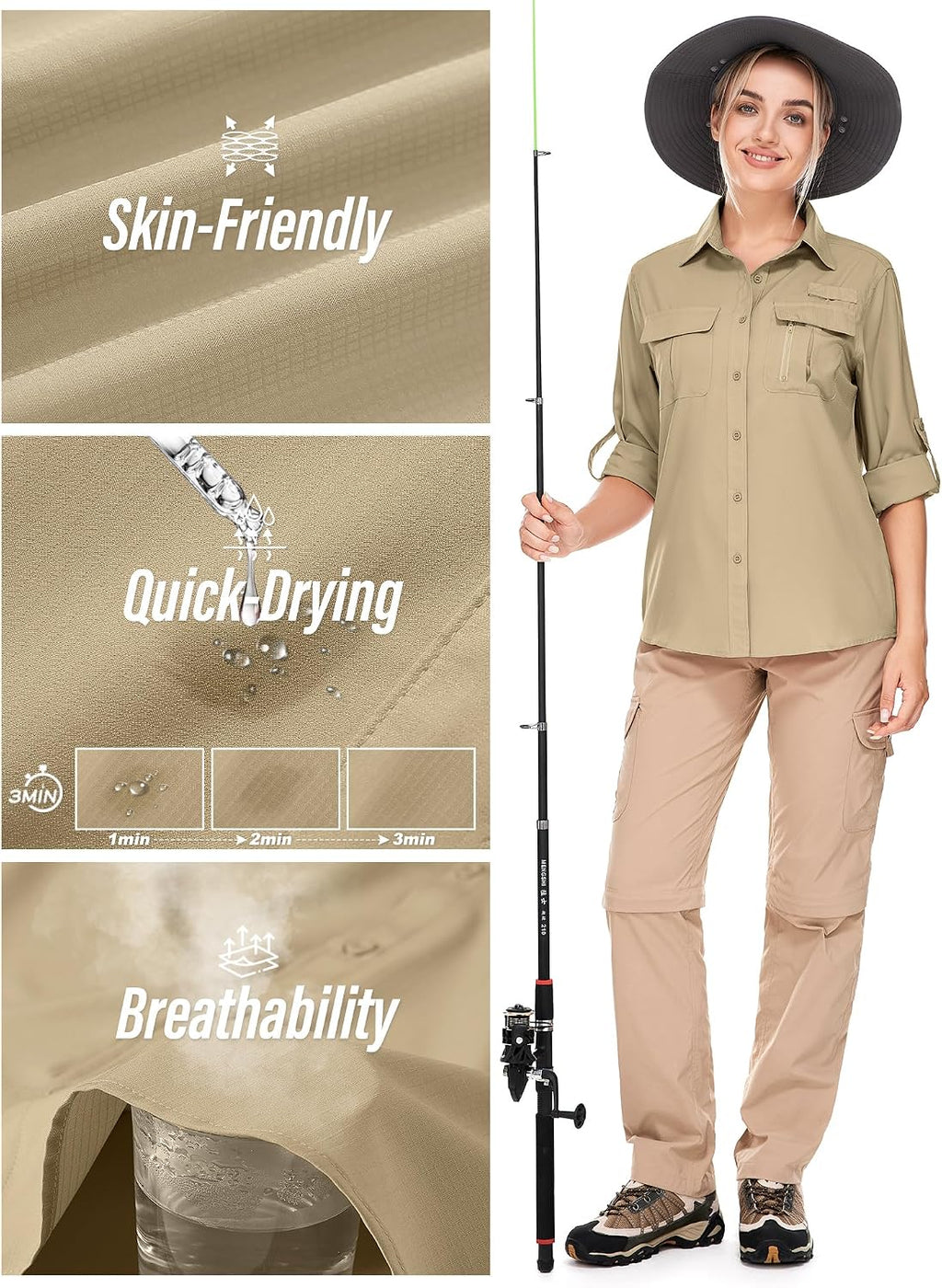 Women's UPF 50 Long Sleeve Sun Protection Safari Fish Hiking Shirts
