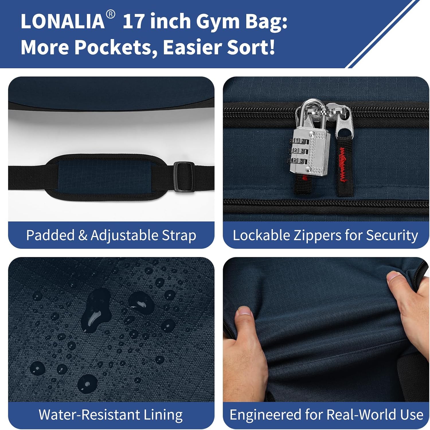 30L Gym Sport Duffle Bag, 17 inch, Navy Blue