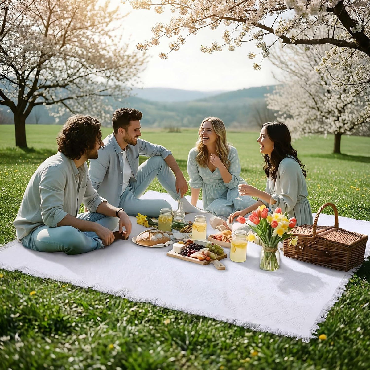 Frienda 72 x 92 Inch Large White Outdoor Picnic Blanket Woven Cotton