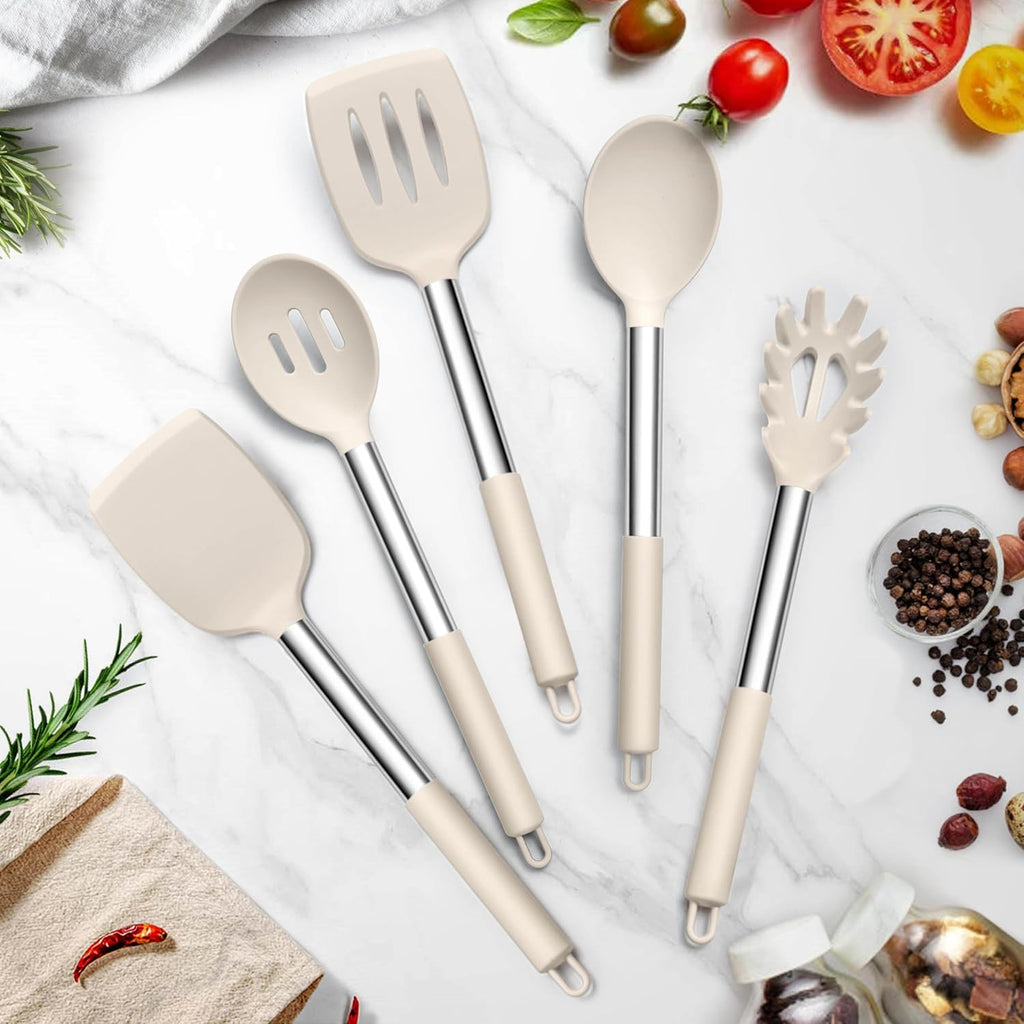 TeamFar Cooking Utensils Set, 5 PCS Silicone Kitchen Utensils, Khaki