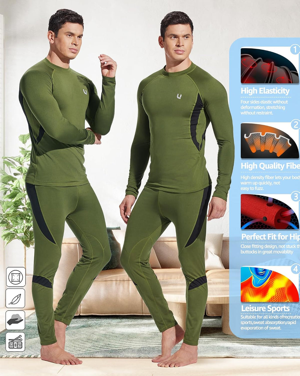UNIQUEBELLA Men's Thermal Underwear Sets Top & Long Johns Fleece Sweat Quick Drying Thermo Base Layer