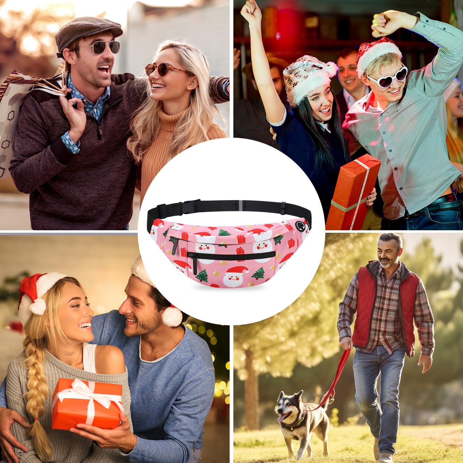 MAXTOP Large Fanny Pack with 4-Zipper Pockets, Christmas Gifts for Enjoy Festival Sports Workout Traveling Running Casual Hands-Free Waist Pack Crossbody Phone Bag Carrying All Phones (Santa Claus,)