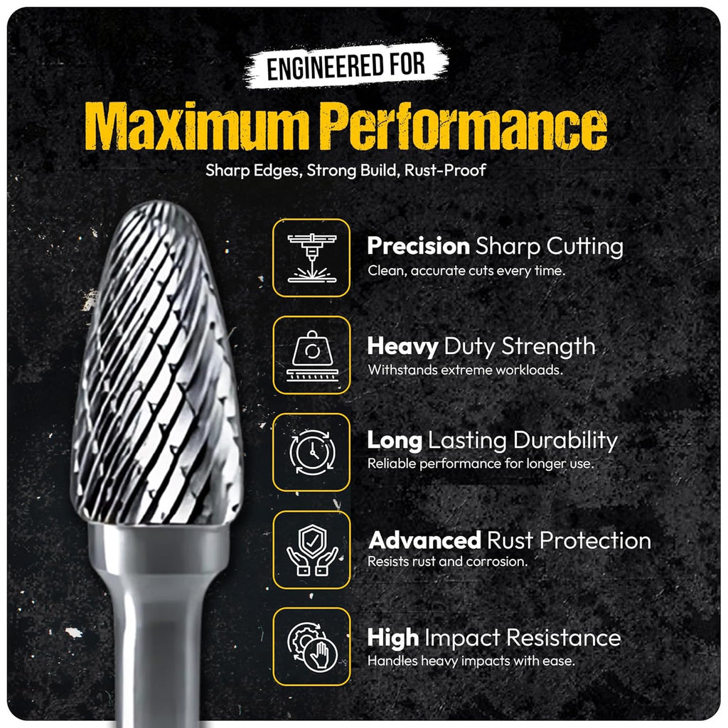 10Pcs Tungsten Carbide Burr Set 6.35mm - 1/4" Shank Double Cut Die Grinder Bits Cutting Burrs - Metal, Steel - Rotary Tools Rasp Accessories - Deburring, Engraving, Grinding, Carving, Porting