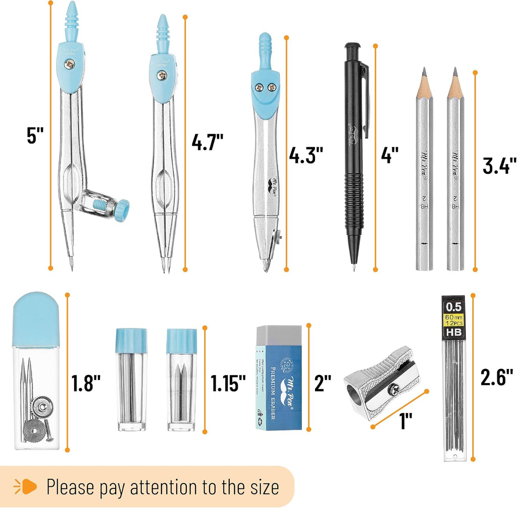 Mr. Pen- Geometry Set, 15 pcs, Light Blue, 6 Inch Swing Arm Protractor