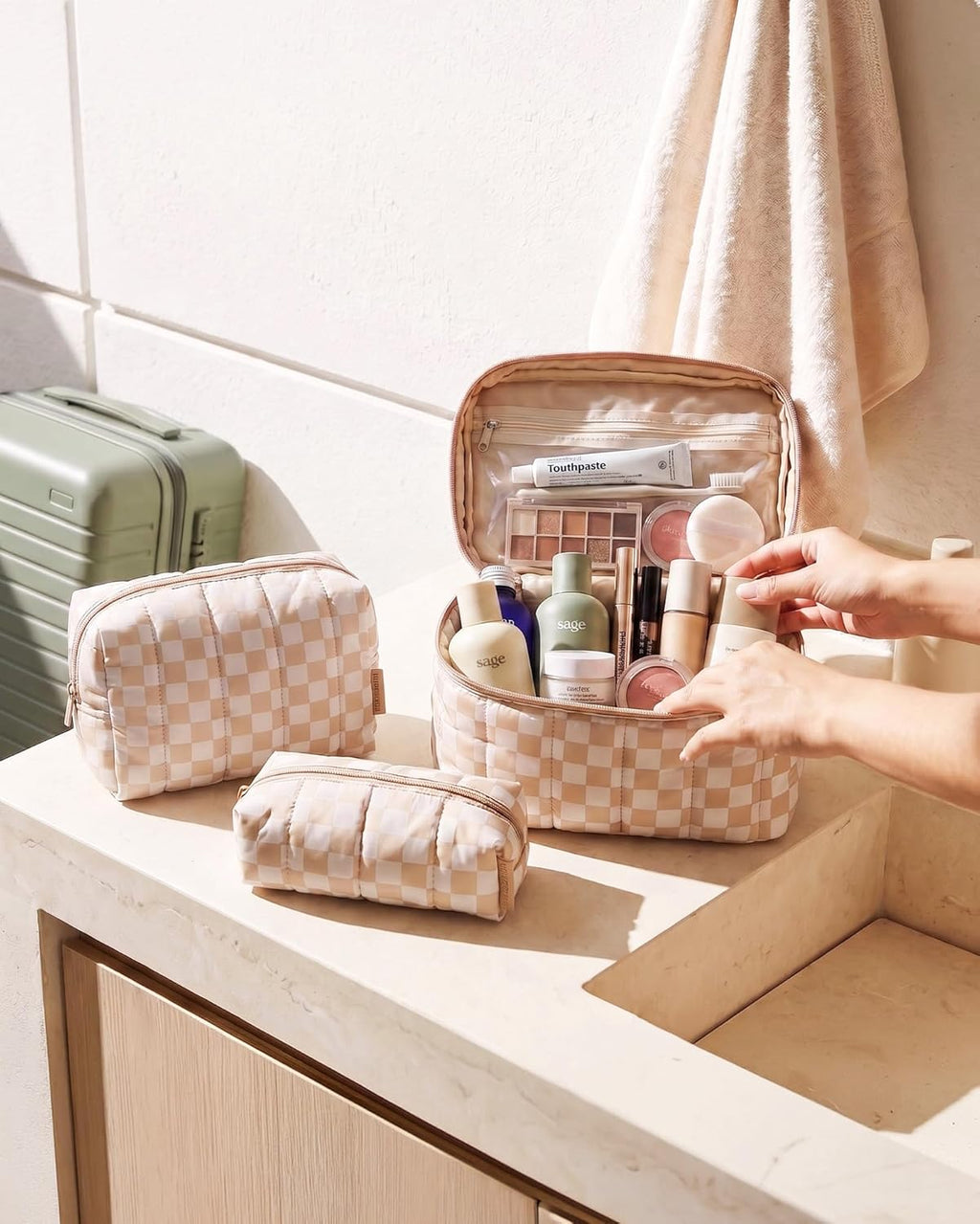 BAGSMART Travel Makeup Bag Set, 3 Pc Puffy Cosmetic Pouch, Camel