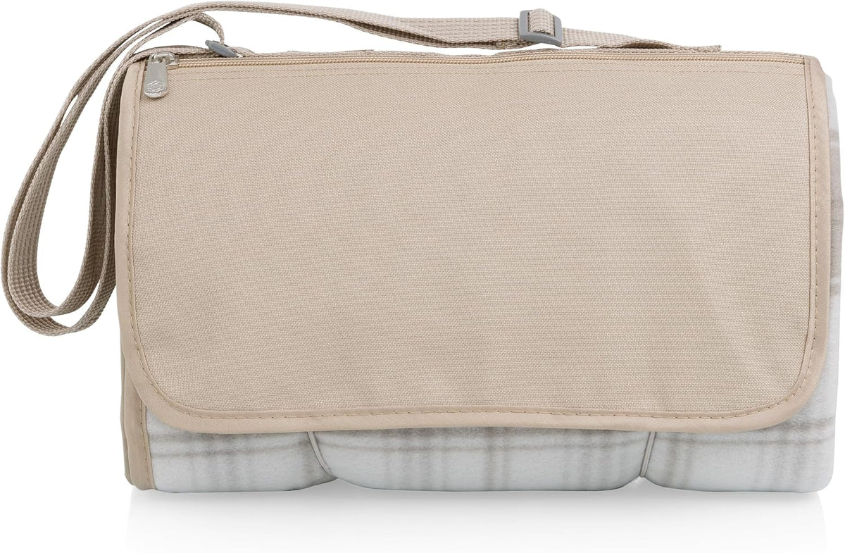 Picnic TIME Outdoor Picnic Blanket Tote, 59"x51" Foldable Beach & Camping Blanket with Soft Fleece, Water-Resistant Bottom, Adjustable Strap & Zippered Pocket (Neutral Plaid)