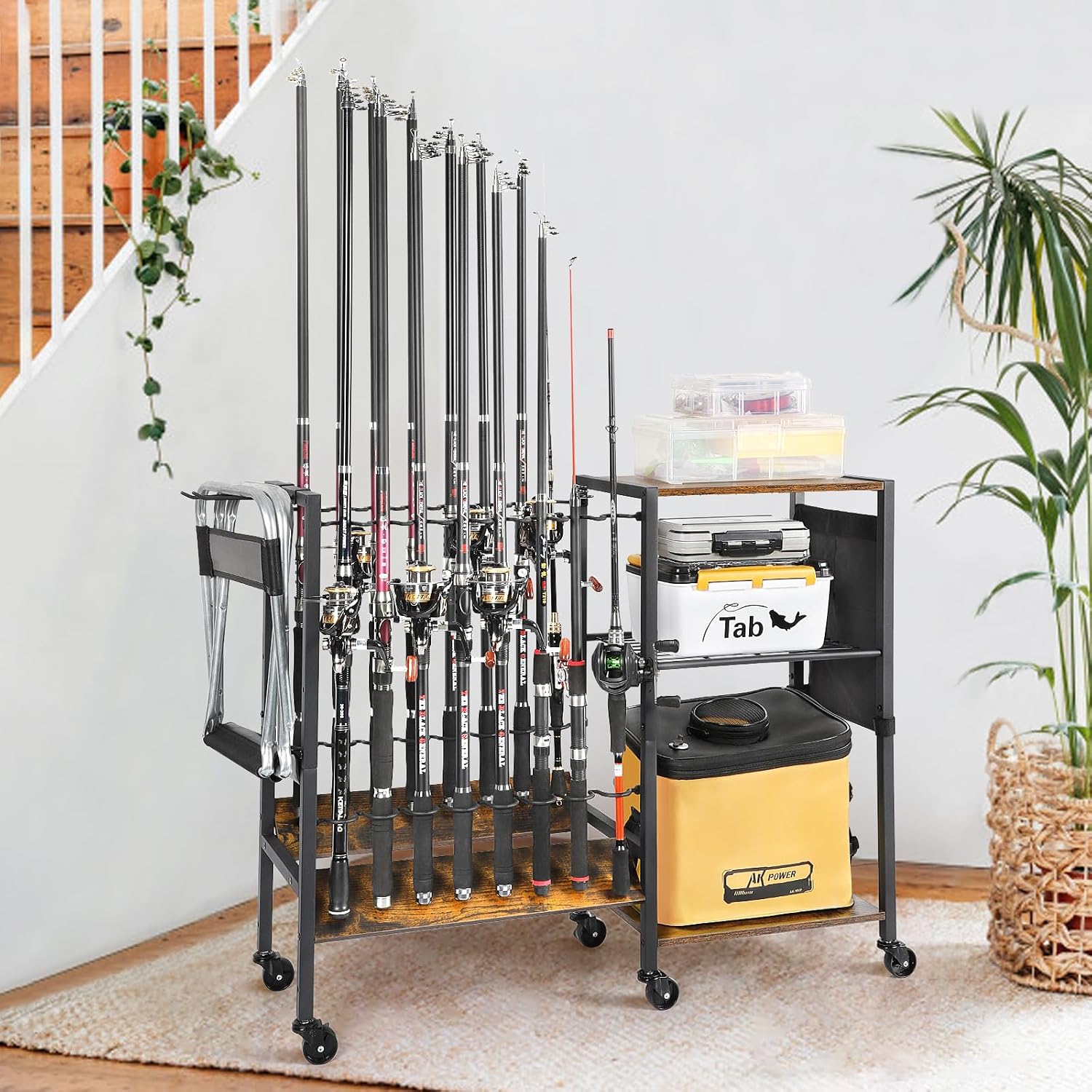Olakee Fishing Rod Holders, Rolling Fishing Rod Rack for Garage & Boat, Tackle Box & Reel Holder Cart, Easy Assembly Fishing Gear Management System, Ideal Birthday Gift for Men Dad Anglers